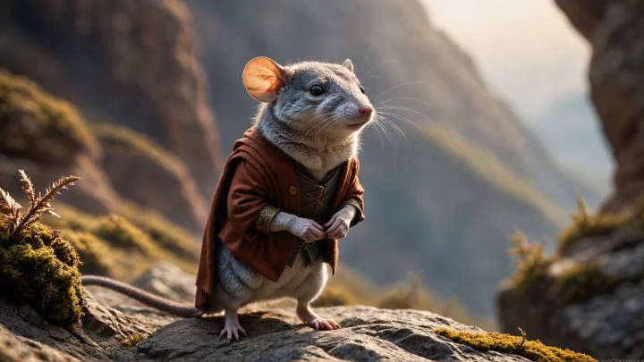 Une petite souris grise vêtue d'une cape rouille, debout sur un rocher en montagne, éclairée par une lumière dorée de fin de journée.